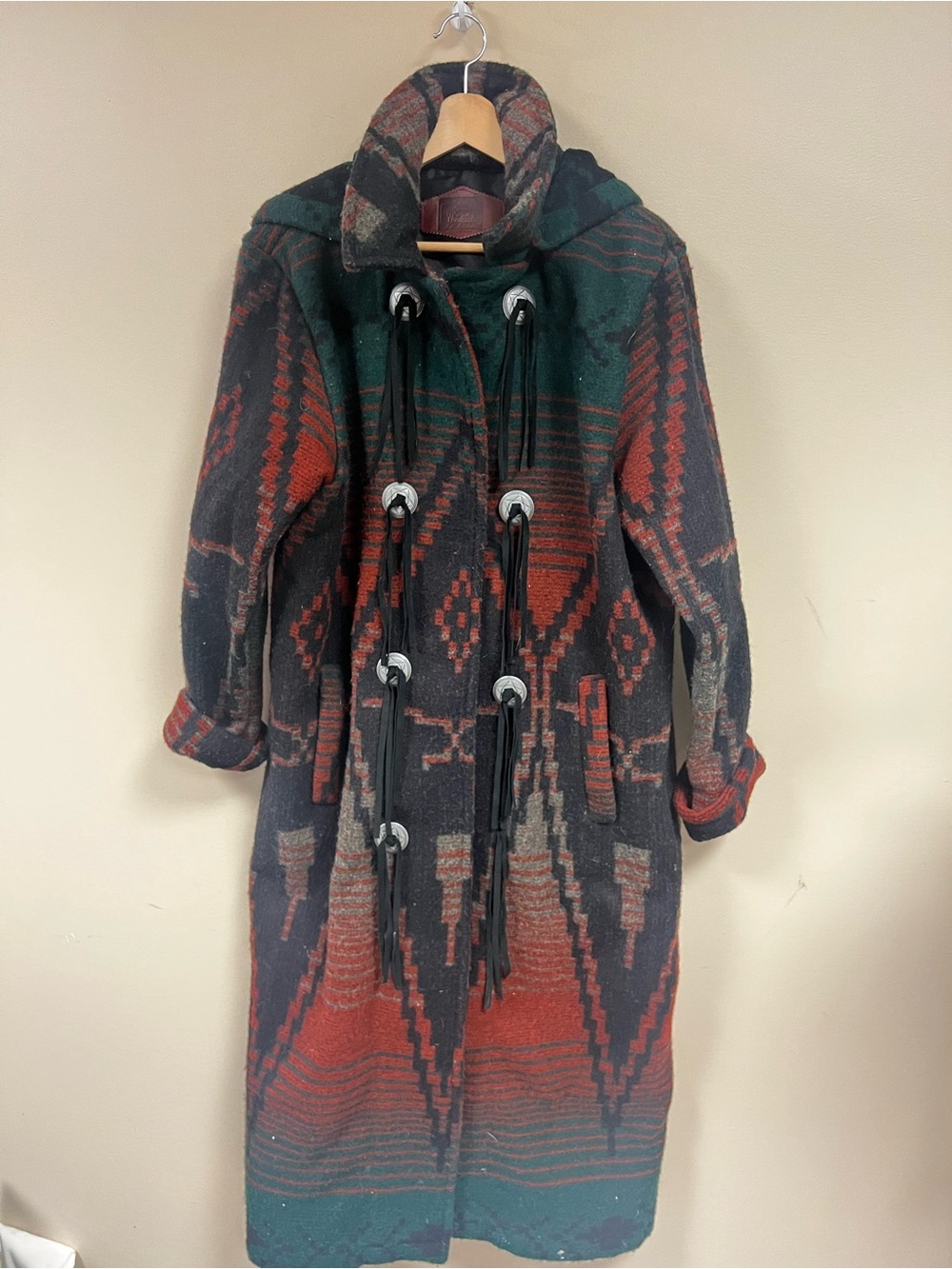 Woolrich wool southwestern Pattern Long Toggle Coat in Forest Green & Rust